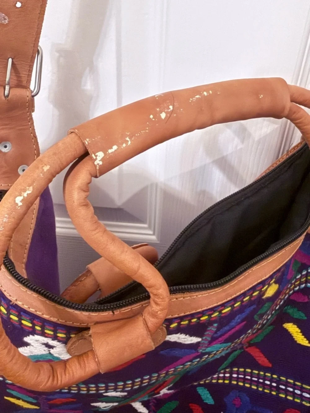 Purple Hand Embroidered Tote with Tan Leather Trim and Multicolor Pattern